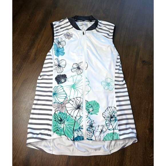 Trayl Womens M White Striped Floral Sleeveless Front Zip Athletic Running Shirt - Picture 1 of 13